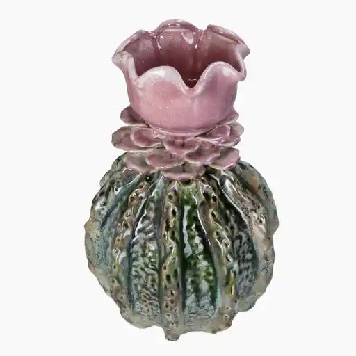 A generous multi-colored stoneware vase that offers a colorful and vibrant appearance.