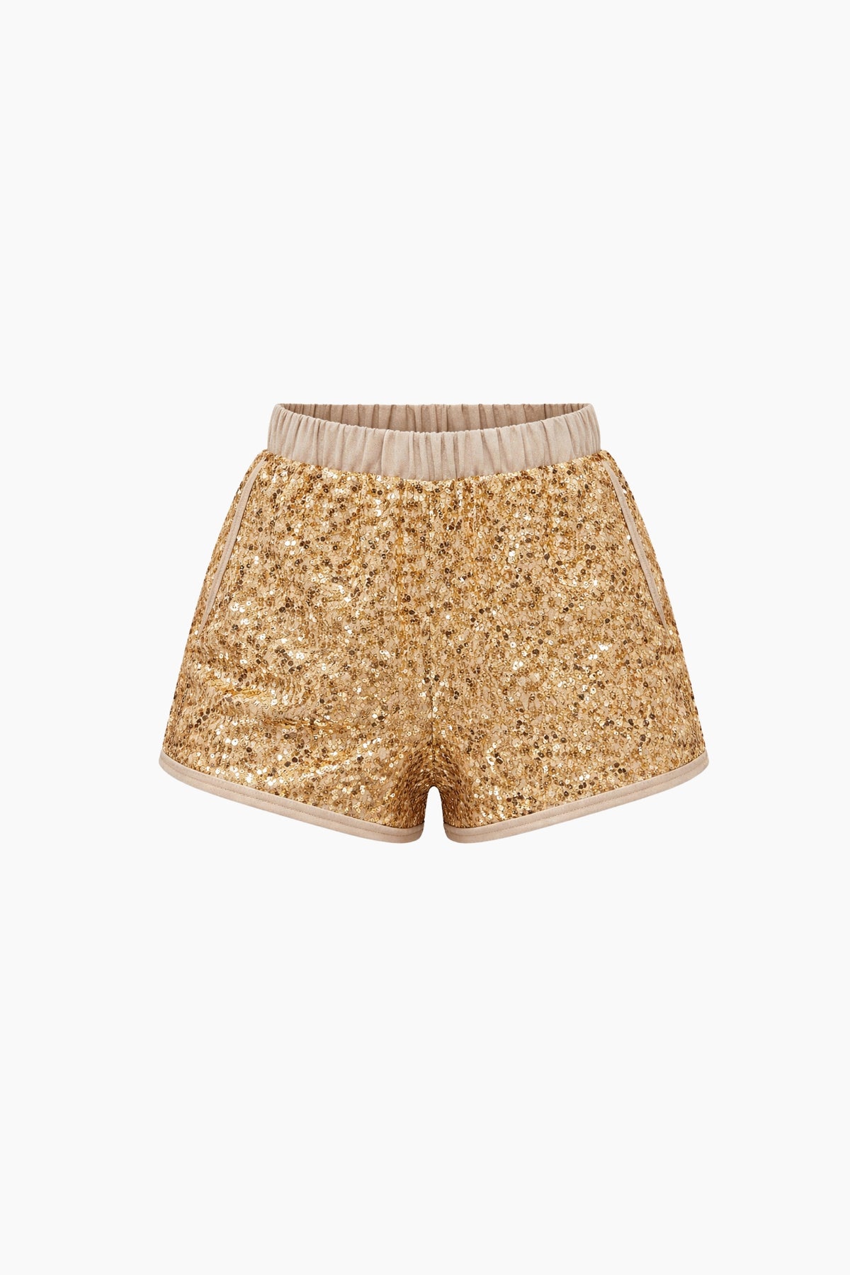 Gold sequin shorts on a white background