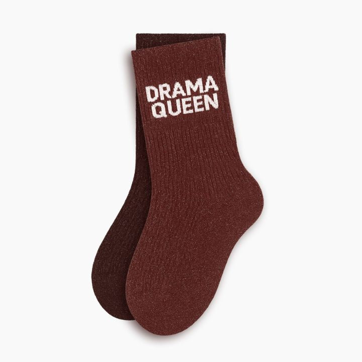 burgundy socks with 'Drama Queen' 