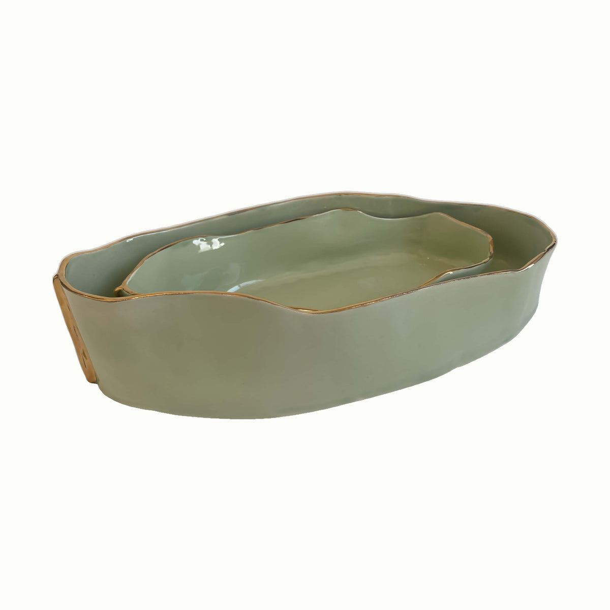 The Modern Stripes Ceramic Oval Bowl - Green - FLTRD UAE