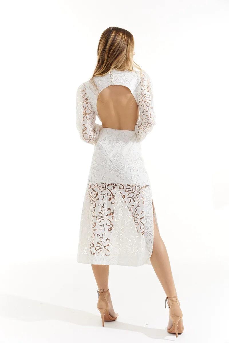 White Midi Lace Dress with Cutouts - FLTRD UAE